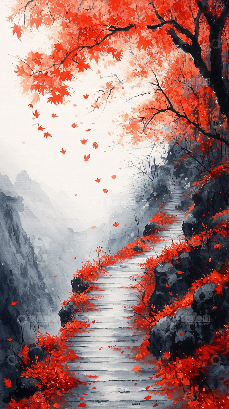 高清大图下载【趣麦麦图】红枫叶山路