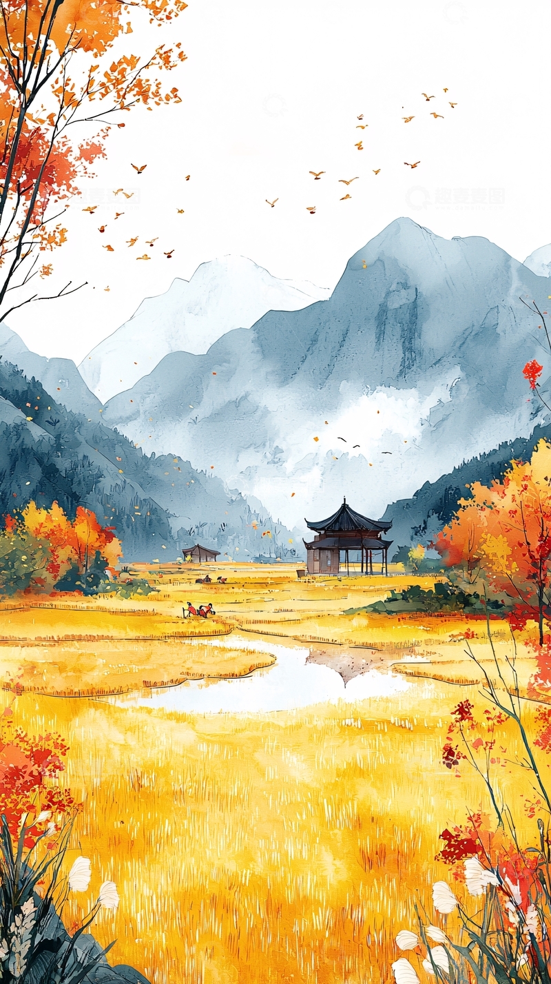 高清大图下载【趣麦麦图】秋日山林水墨画