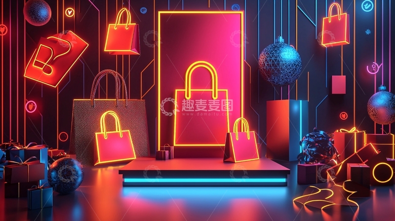 高清大图下载【趣麦麦图】霓虹灯购物节促销海报
