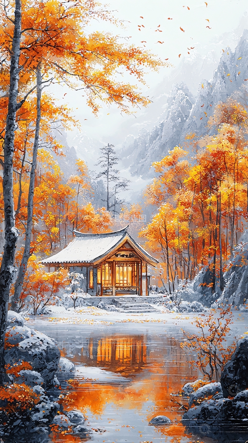 高清大图下载【趣麦麦图】秋日雪景山间小屋