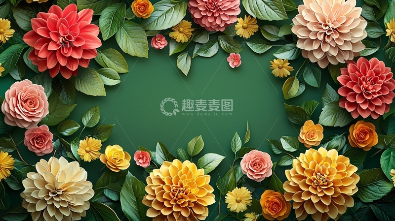 高清大图下载【趣麦麦图】绿色背景纸艺花朵