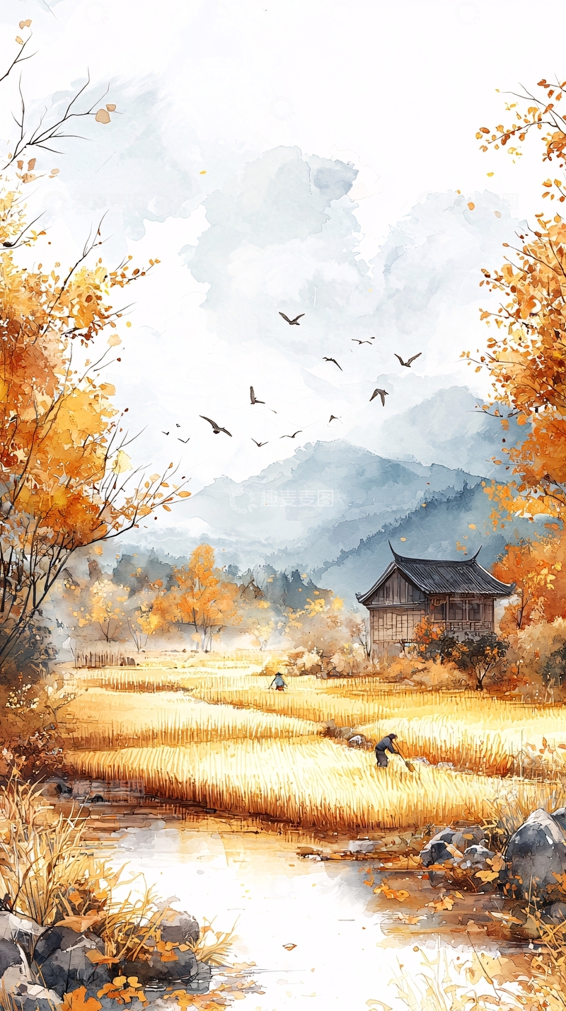 高清大图下载【趣麦麦图】秋日田园水墨画