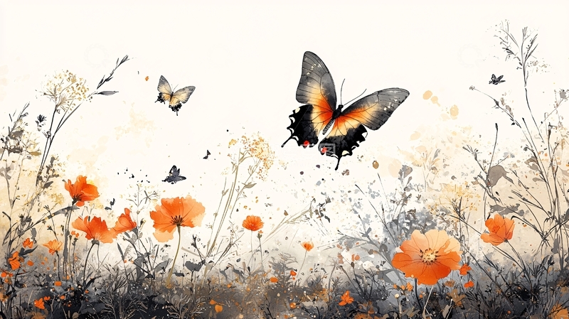 高清大图下载【趣麦麦图】水墨蝴蝶花卉