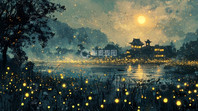 高清大图下载【趣麦麦图】夜晚萤火虫飞舞的日式庭院