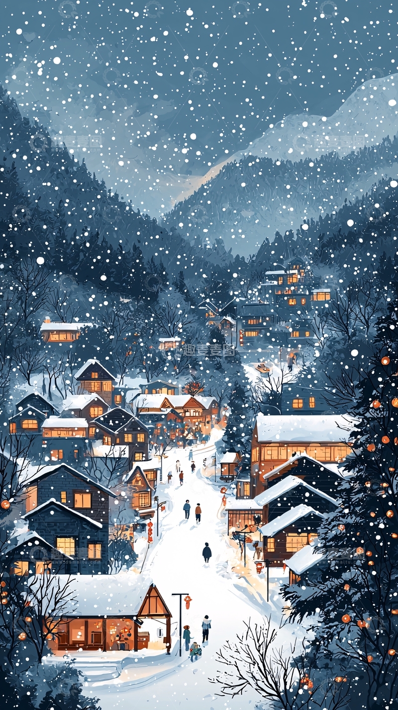 高清大图下载【趣麦麦图】雪夜山村小镇风景