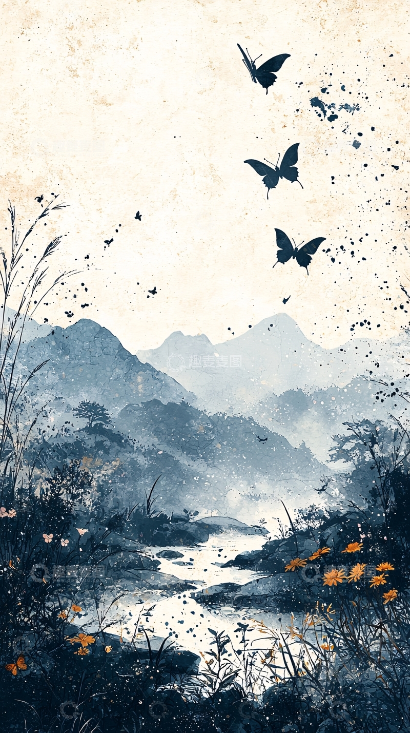 高清大图下载【趣麦麦图】水墨山水蝴蝶