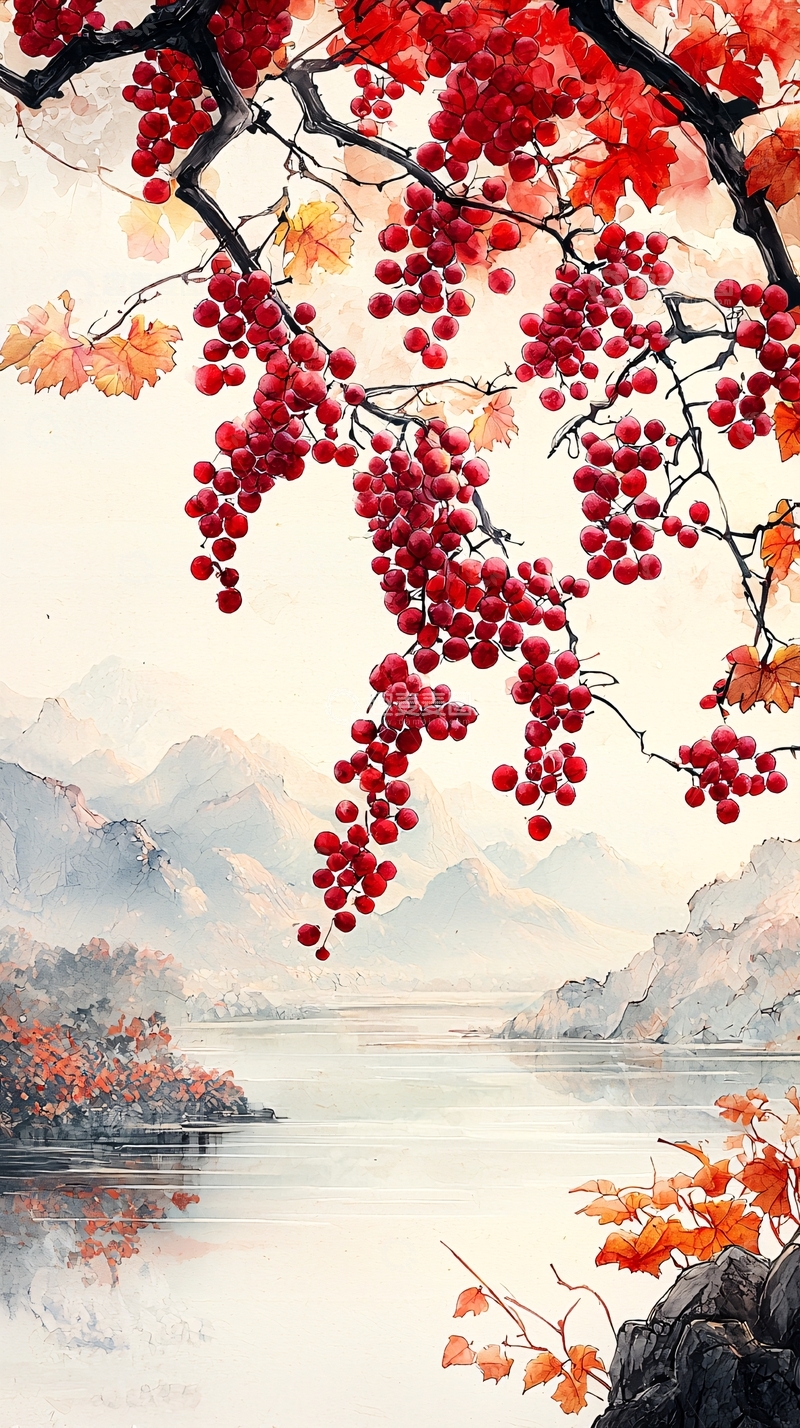 高清大图下载【趣麦麦图】红葡萄秋景山水画