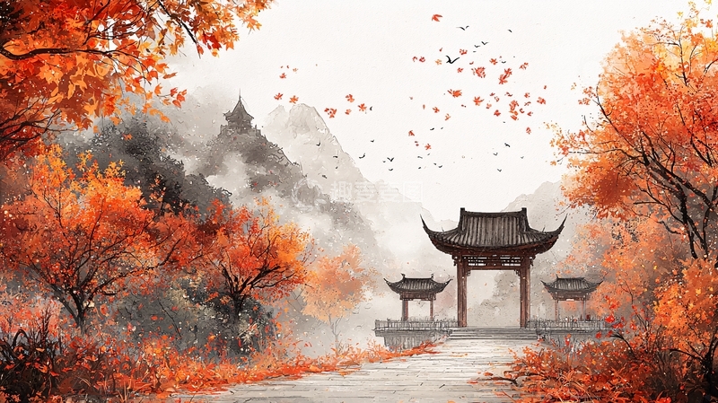 高清大图下载【趣麦麦图】秋日中式山水画