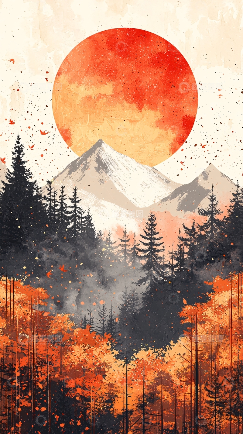 高清大图下载【趣麦麦图】红色大日落山脉森林