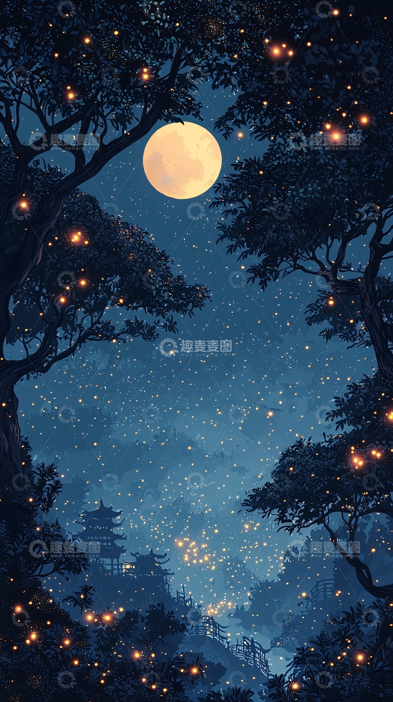高清大图下载【趣麦麦图】梦幻森林满月夜景