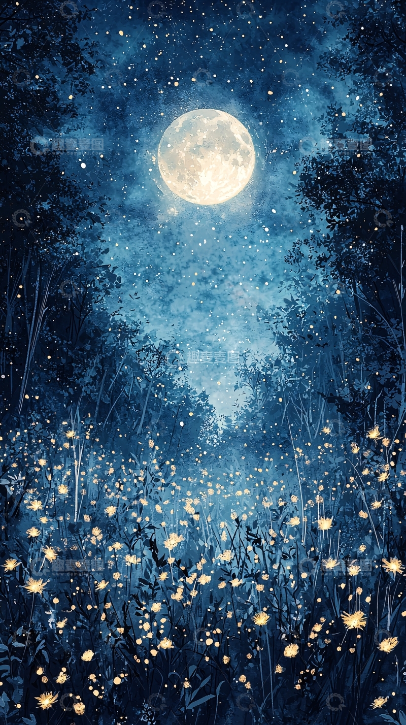 高清大图下载【趣麦麦图】月夜森林萤火虫