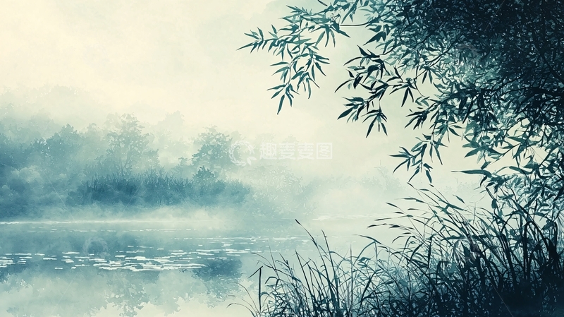 高清大图下载【趣麦麦图】清晨薄雾笼罩下的河边景色