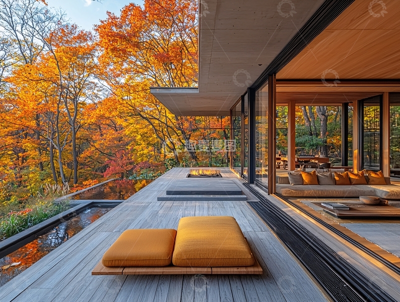 高清大图下载【趣麦麦图】秋日枫叶环绕的现代日式别墅