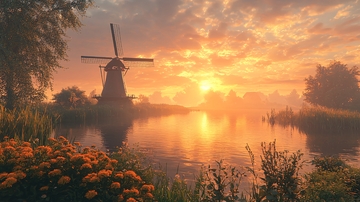 日出风车田园风光