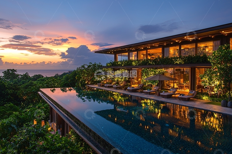高清大图下载【趣麦麦图】日落海景别墅泳池