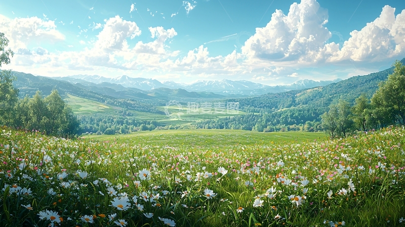 高清大图下载【趣麦麦图】阳光明媚的山谷花田