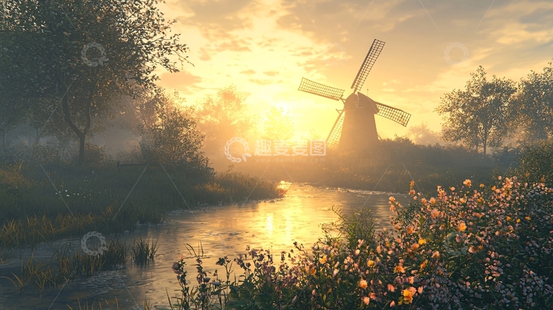 高清大图下载【趣麦麦图】清晨麦田风车日出