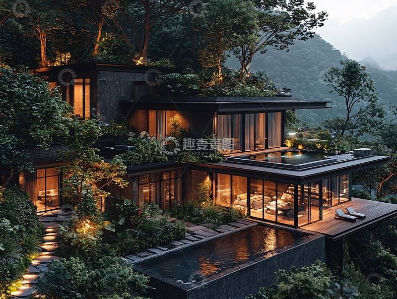 高清大图下载【趣麦麦图】山林别墅夜景