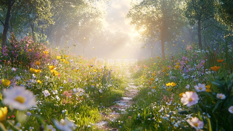 高清大图下载【趣麦麦图】阳光森林小路花海