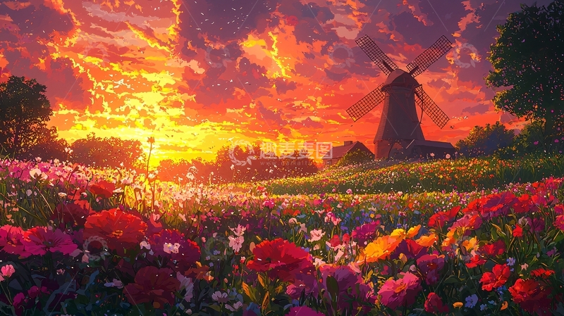 高清大图下载【趣麦麦图】绚丽晚霞下的风车花田