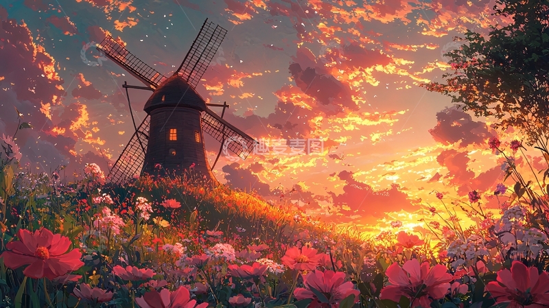 高清大图下载【趣麦麦图】夕阳下的风车与花田