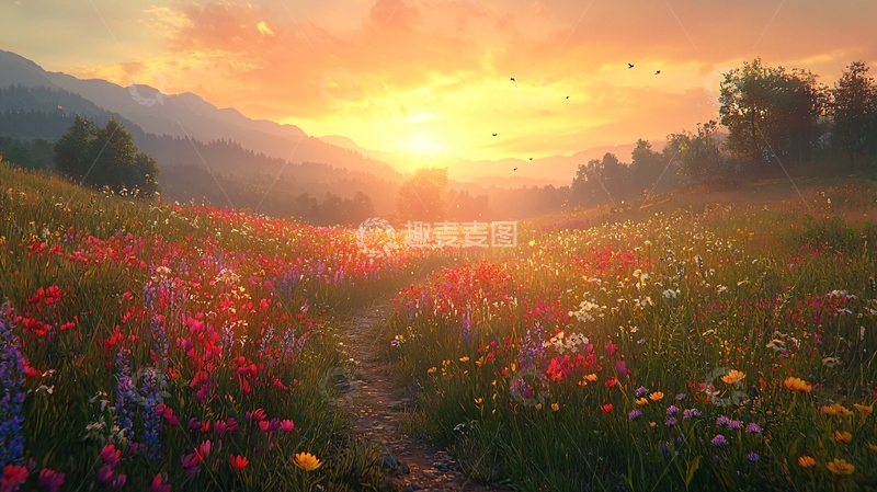 高清大图下载【趣麦麦图】日落花海田园小路