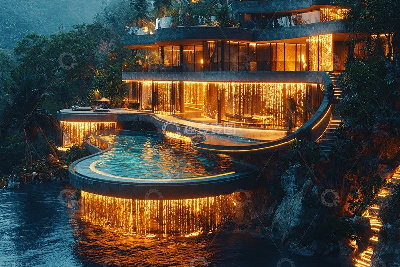 高清大图下载【趣麦麦图】山崖别墅夜景