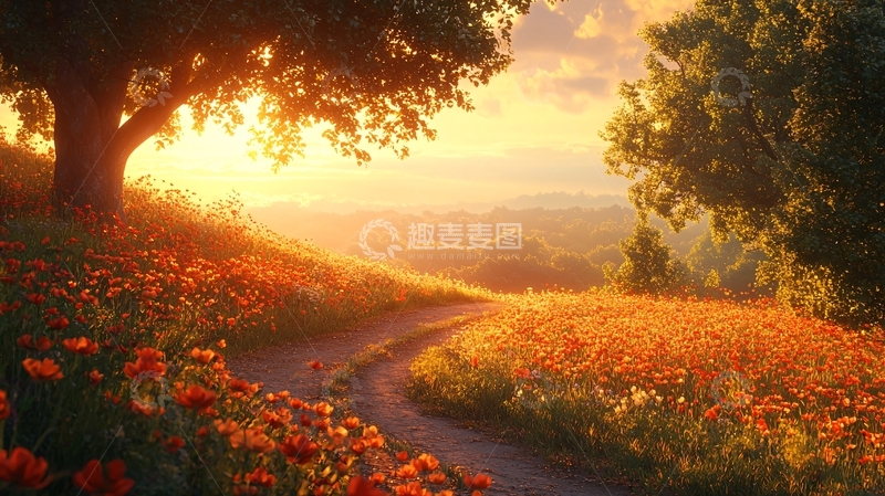高清大图下载【趣麦麦图】金色夕阳下的花田小路