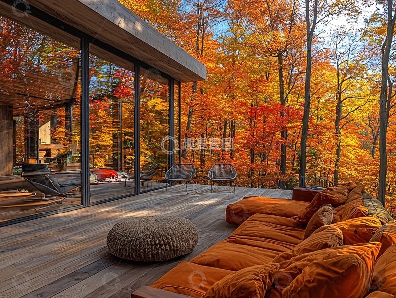 高清大图下载【趣麦麦图】秋日森林玻璃房阳台