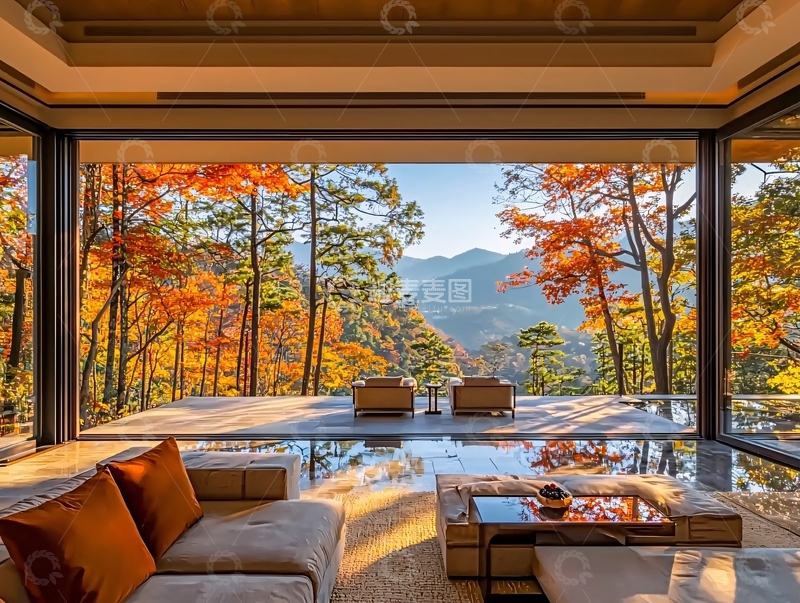高清大图下载【趣麦麦图】秋日山景落地窗别墅