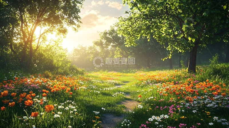 高清大图下载【趣麦麦图】阳光森林花海小路