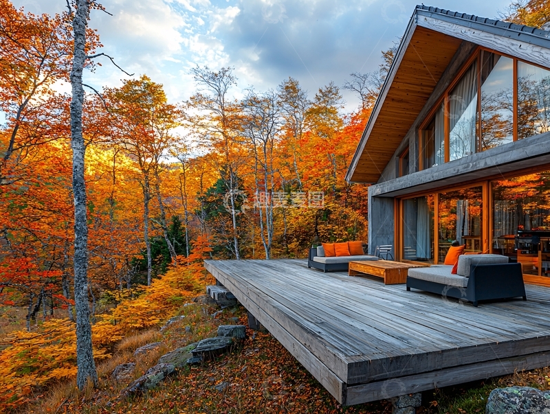 高清大图下载【趣麦麦图】秋日森林木屋别墅