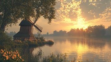 日出时分古老的风车