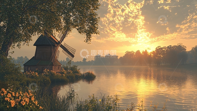 高清大图下载【趣麦麦图】日出时分古老的风车