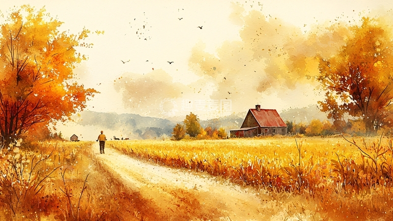 高清大图下载【趣麦麦图】秋日田园小路水彩画