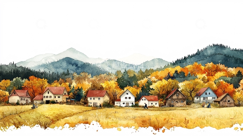 高清大图下载【趣麦麦图】秋日山村水彩画