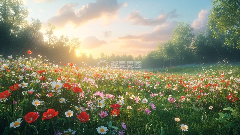 高清大图下载【趣麦麦图】日出花海清晨景色