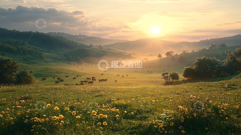 高清大图下载【趣麦麦图】清晨牧场日出美景