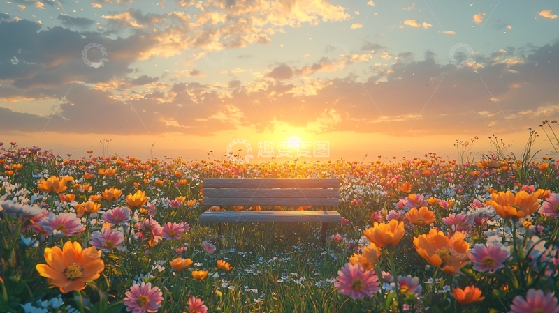 高清大图下载【趣麦麦图】日出花田长椅风景