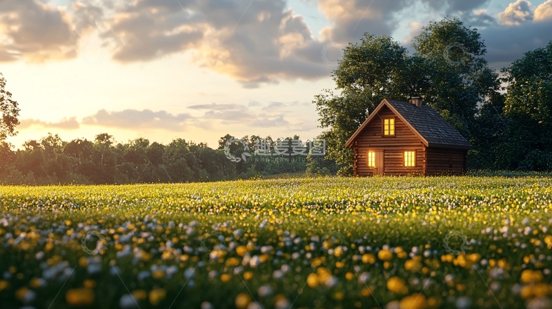 高清大图下载【趣麦麦图】夕阳下田园小木屋