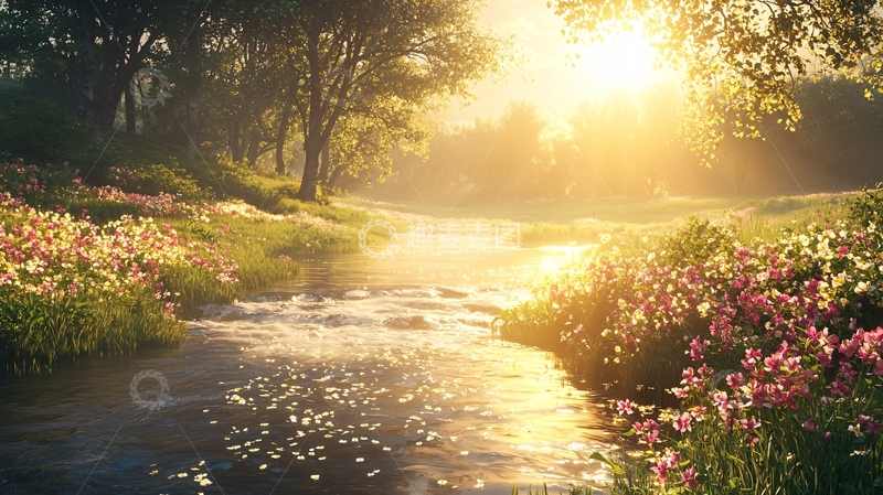 高清大图下载【趣麦麦图】清晨阳光下的溪流