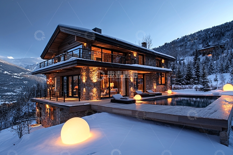 高清大图下载【趣麦麦图】雪山别墅夜景