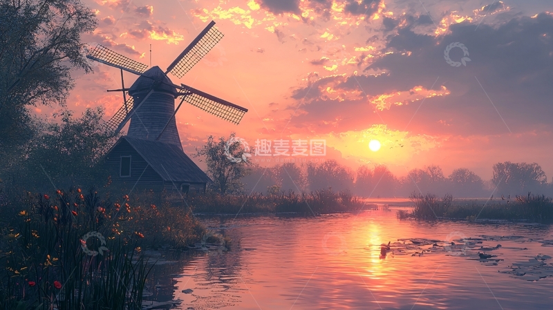 高清大图下载【趣麦麦图】日出时分荷兰风车