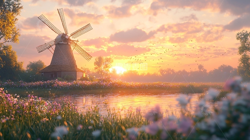 高清大图下载【趣麦麦图】日出时分的古老风车