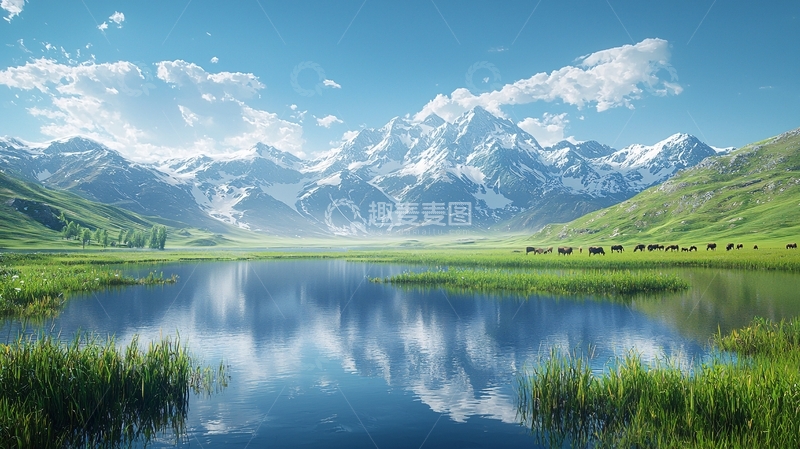 高清大图下载【趣麦麦图】雪山湖泊草原风景