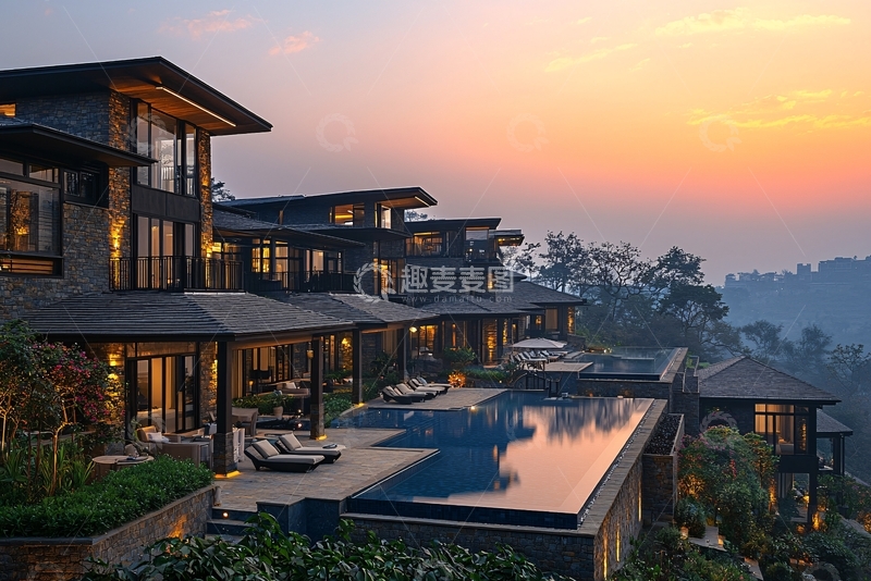 高清大图下载【趣麦麦图】山顶别墅日落景色