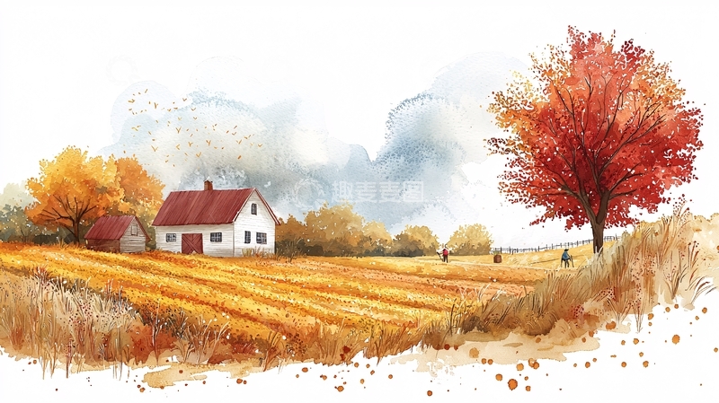 高清大图下载【趣麦麦图】秋季田园风光水彩画