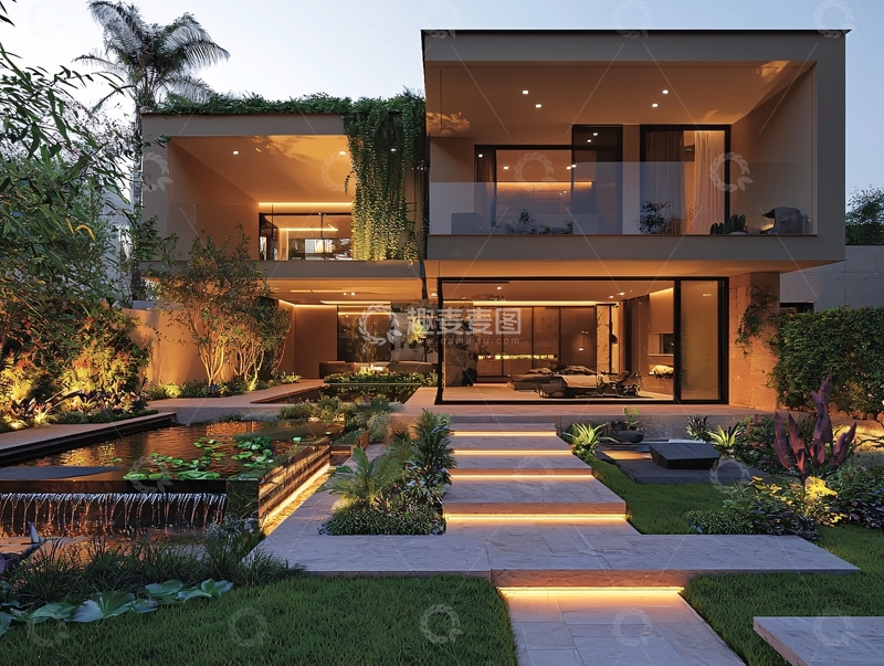 高清大图下载【趣麦麦图】现代简约别墅夜景
