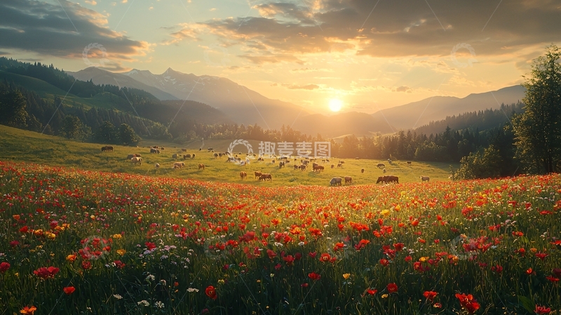 高清大图下载【趣麦麦图】日落山谷野花牛群