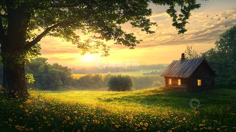 高清大图下载【趣麦麦图】傍晚田园小屋日落